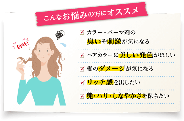 (1)カラー・パーマの臭いや刺激が気になる(2)ヘアカラーに美しい発色が欲しい(3)髪のダメージが気になる(4)リッチ感を出したい(5)艶・ハリ・しなやかさを保ちたい